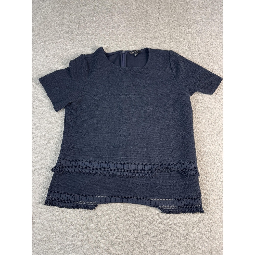 Banana Republic Blouse Womens Medium Navy Blue Short Sleeve Fringe Hem Top